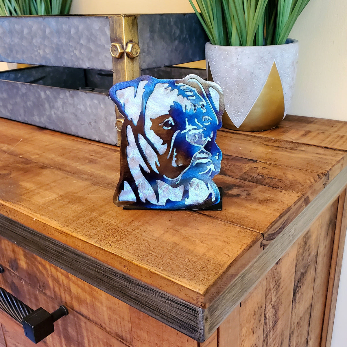 Freestanding metal dog portrait displayed on a tabletop base by Elite Metalworking
