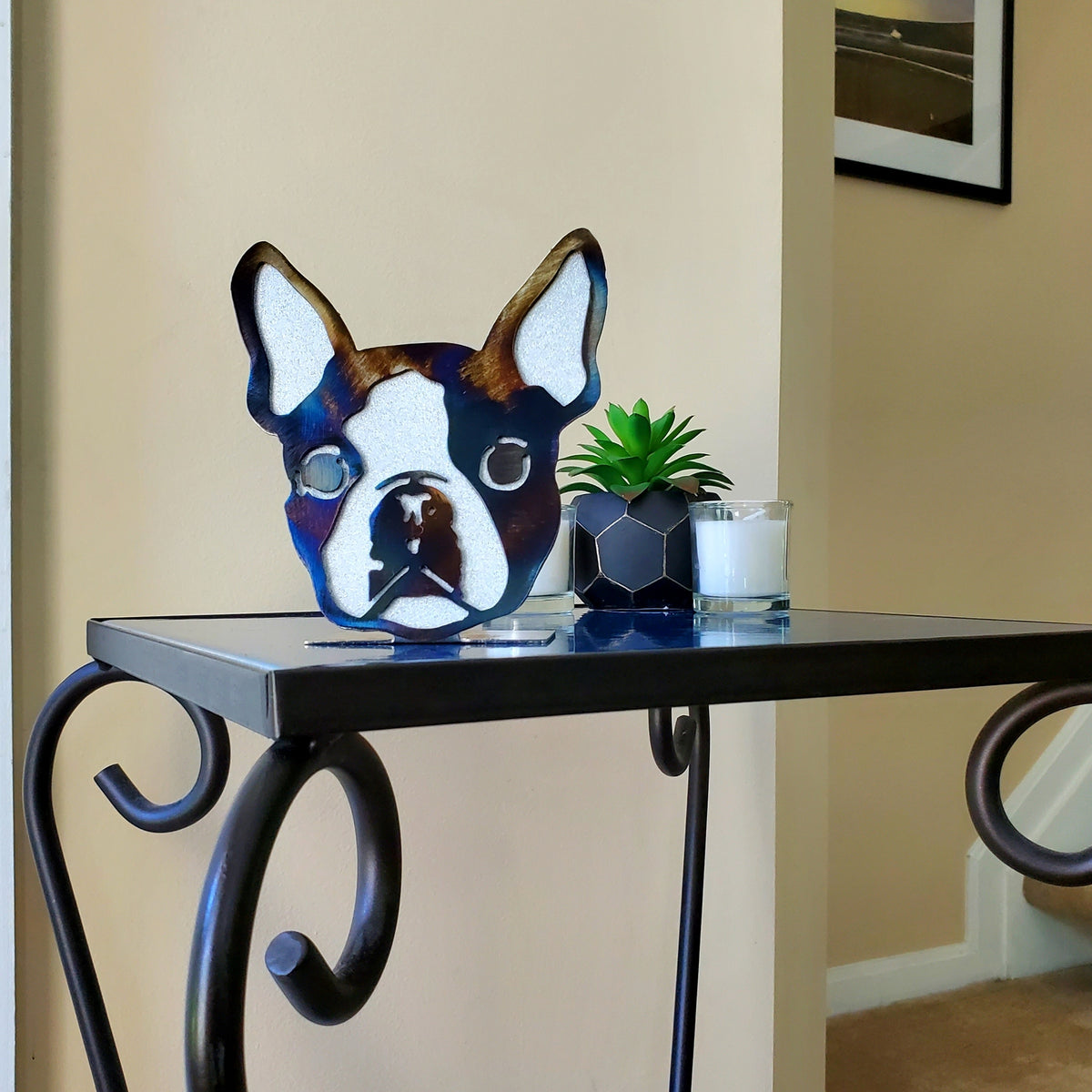 Freestanding metal dog portrait displayed on a tabletop base by Elite Metalworking