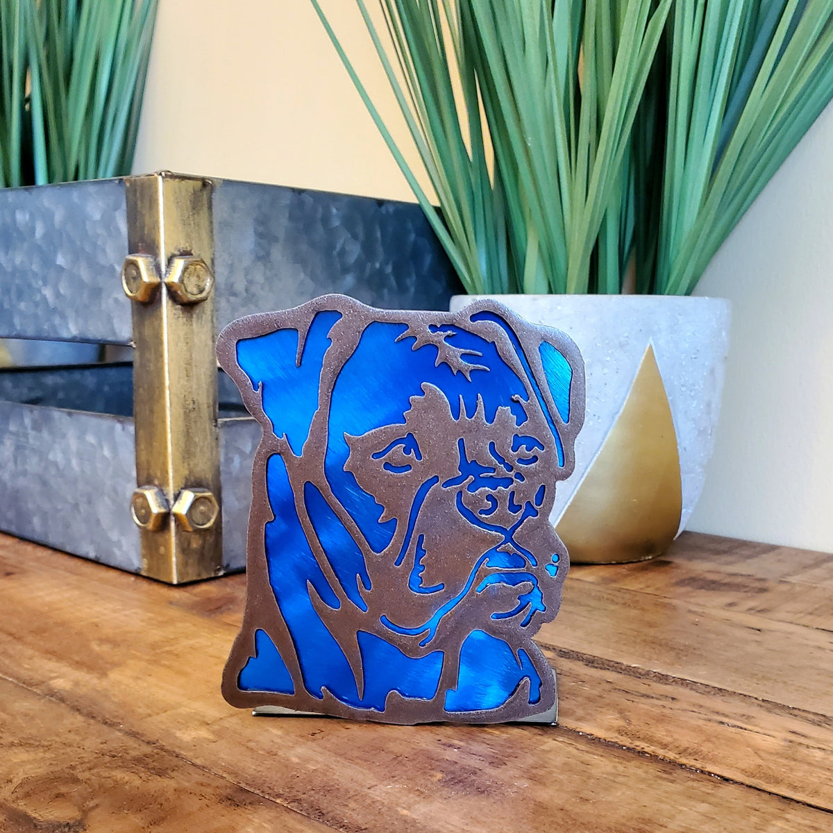Freestanding metal dog portrait displayed on a tabletop base by Elite Metalworking