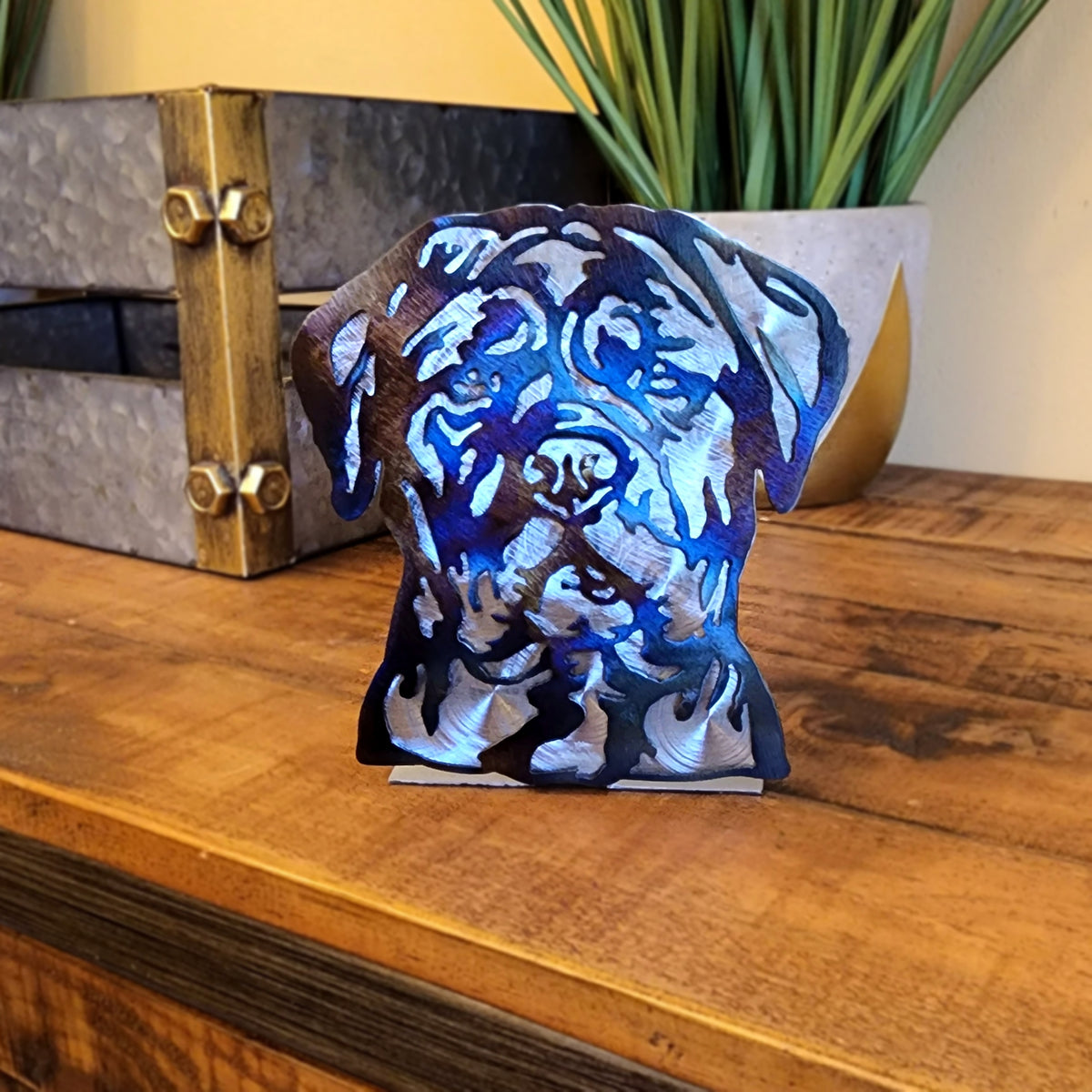 Freestanding metal dog portrait displayed on a tabletop base by Elite Metalworking