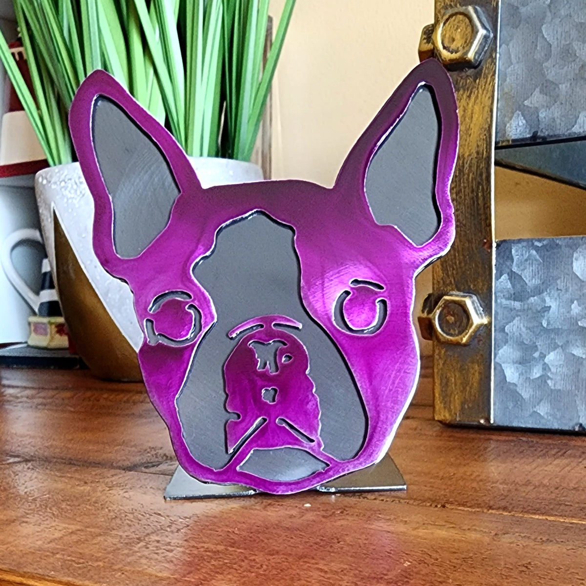 Freestanding metal dog portrait displayed on a tabletop base by Elite Metalworking