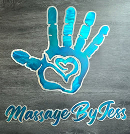 Massage by Jess hand and heart logo by Elite Metalworking