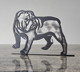 Freestanding metal dog portrait displayed on a tabletop base by Elite Metalworking