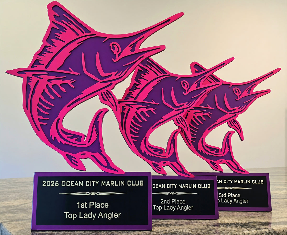 Pink marlin fishing tournament trophies with engraved plates by Elite Metalworking