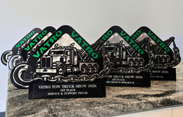 Group of custom tow-truck show awards by Elite Metalworking