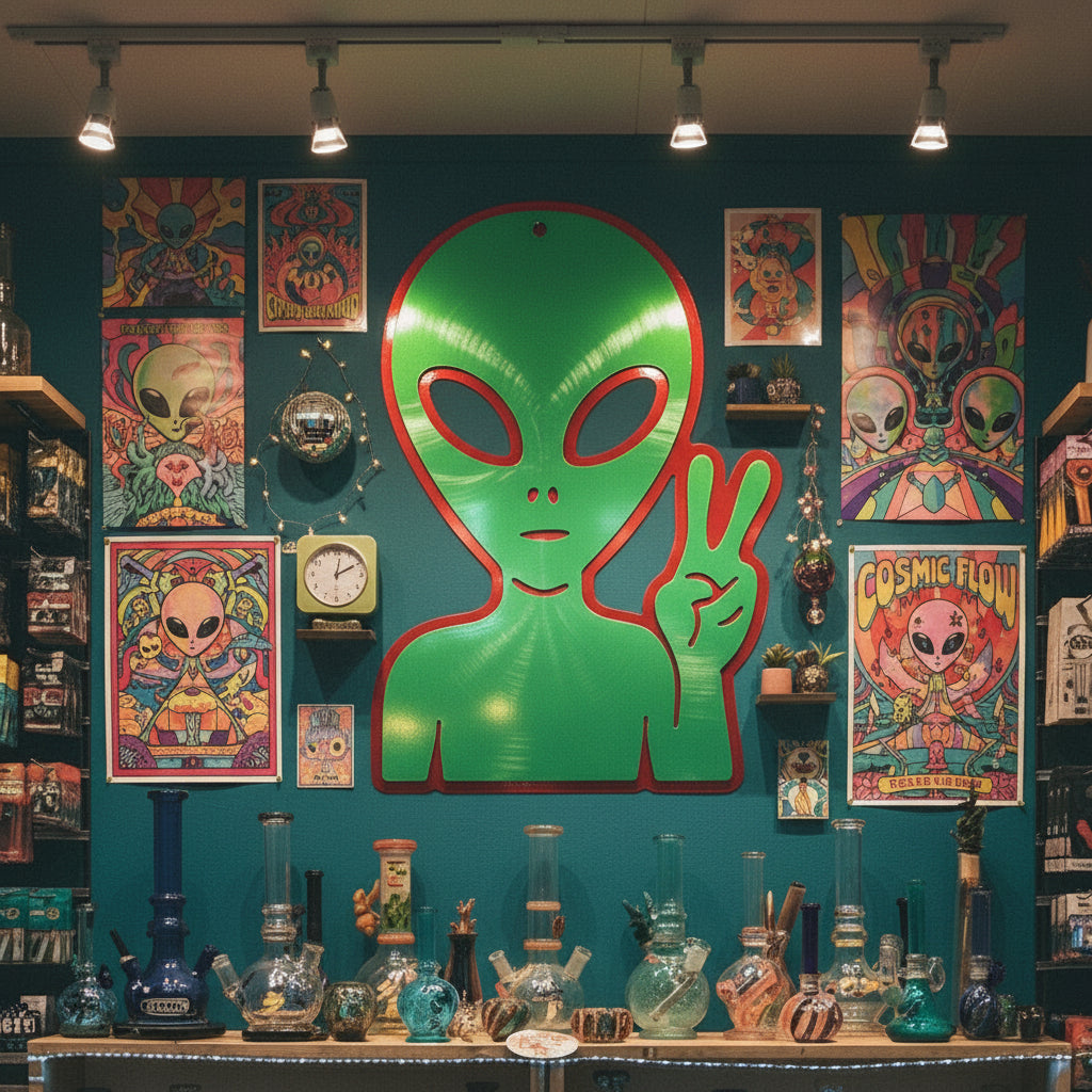 Green alien figure with peace sign surrounded by colorful alien-themed posters and smoking accessories.