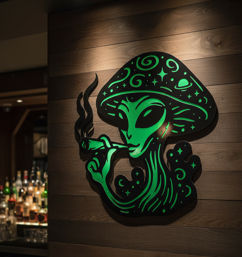 Glowing green alien design on a wooden wall