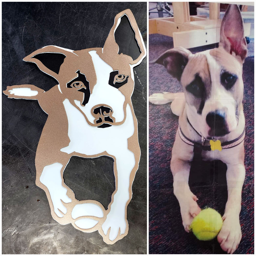 Original photograph alongside a custom cut-metal portrait by Elite Metalworking
