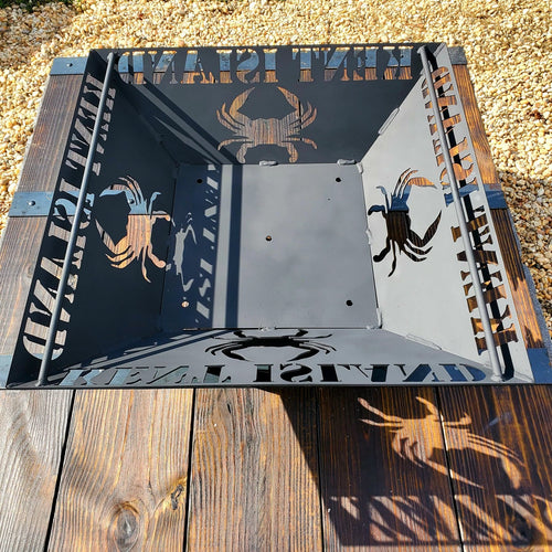 Custom Elite Fire Pit with blue crab cutouts and Kent Island lettering around the top