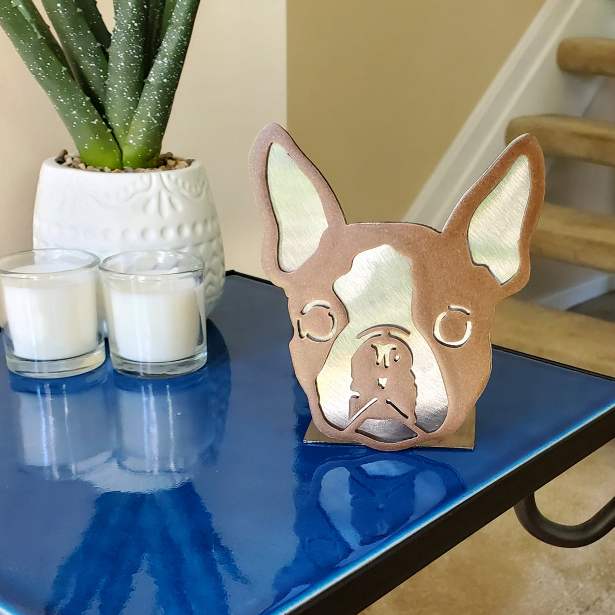 Freestanding metal dog portrait displayed on a tabletop base by Elite Metalworking
