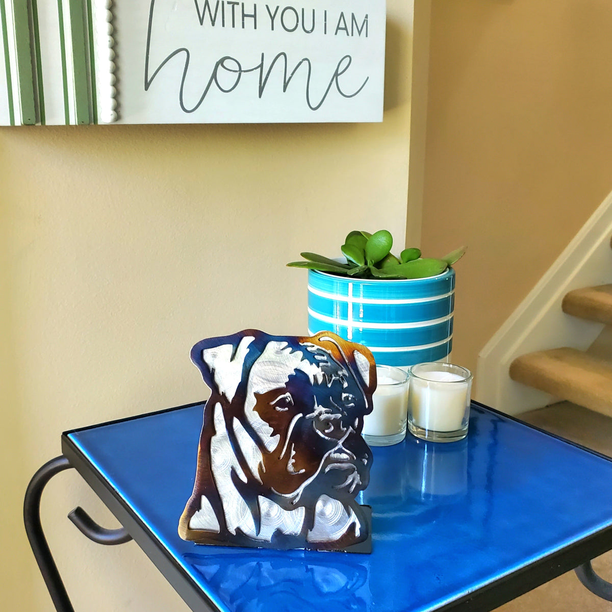 Freestanding metal dog portrait displayed on a tabletop base by Elite Metalworking