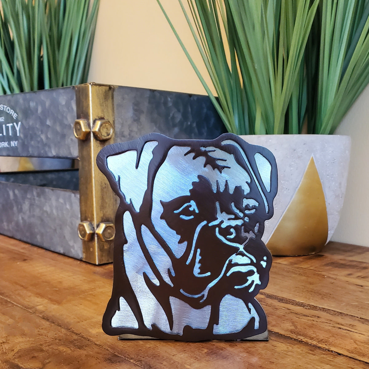 Freestanding metal dog portrait displayed on a tabletop base by Elite Metalworking
