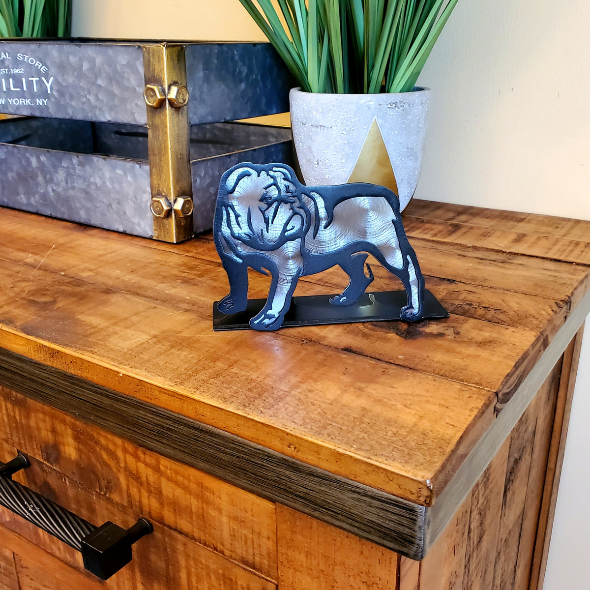 Freestanding metal dog portrait displayed on a tabletop base by Elite Metalworking