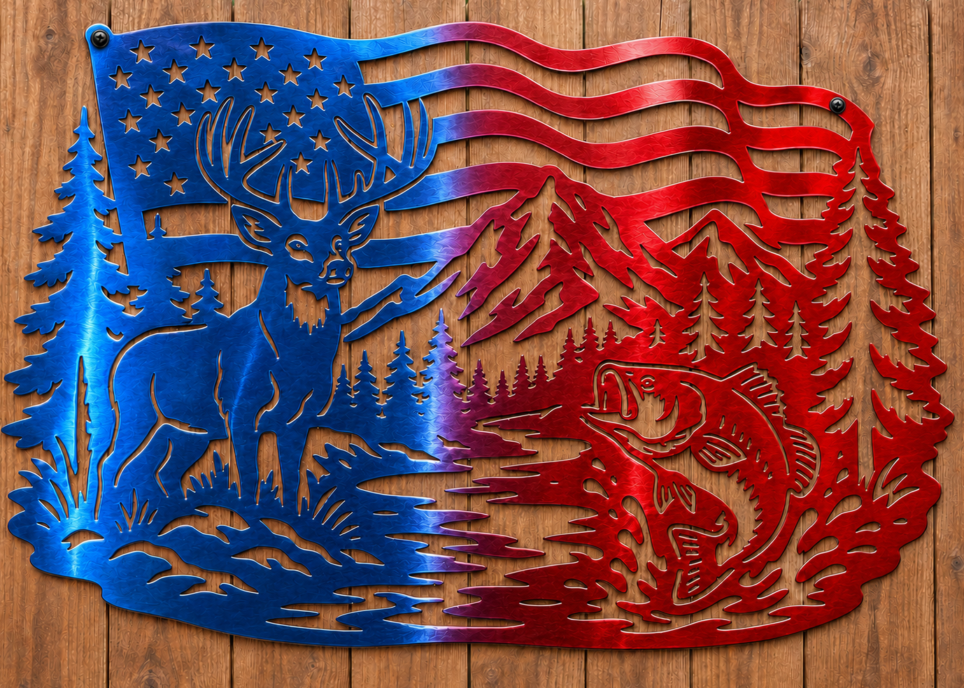 Buck & Largemouth Bass American Flag Metal Wall Art