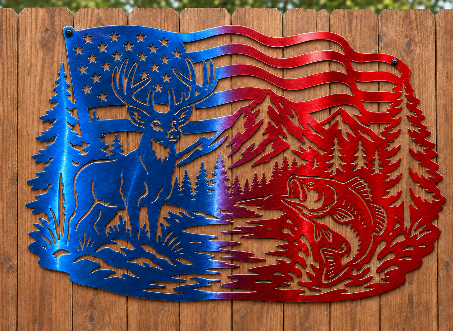 Buck & Largemouth Bass American Flag Metal Wall Art
