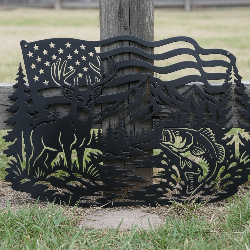 Buck & Largemouth Bass American Flag Metal Wall Art