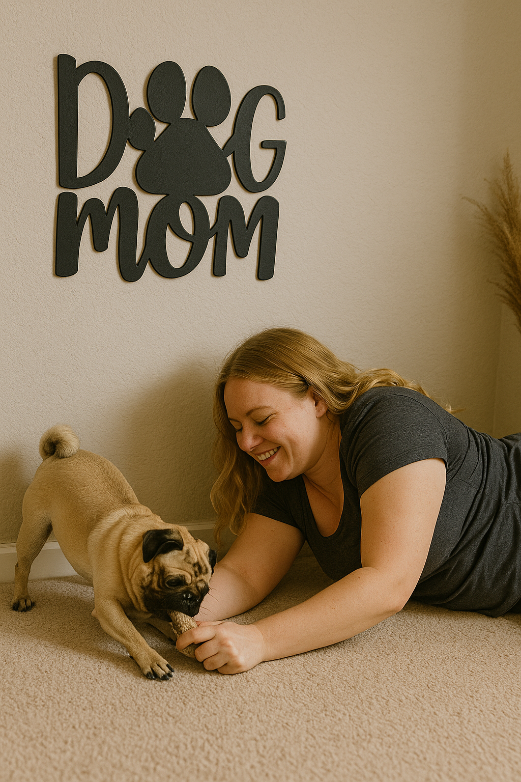 Woman lying on the floor with a dog, with 'Dog Mom' wall decor in the background.