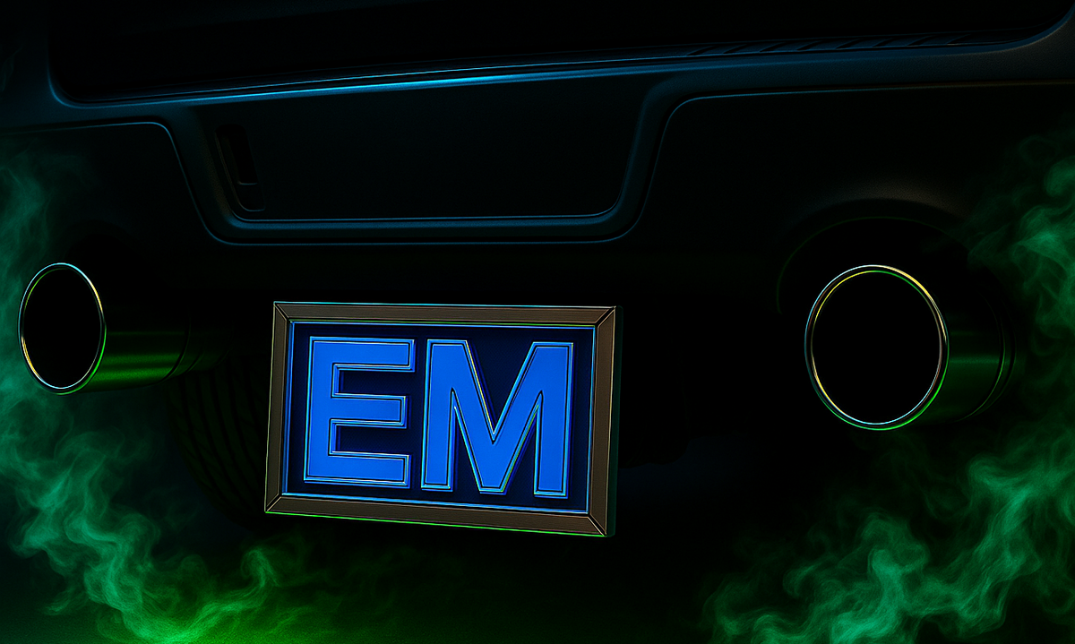 Car rear with 'EM' license plate and green flames