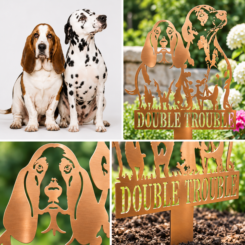 Dog photos beside a copper Double Trouble garden stake
