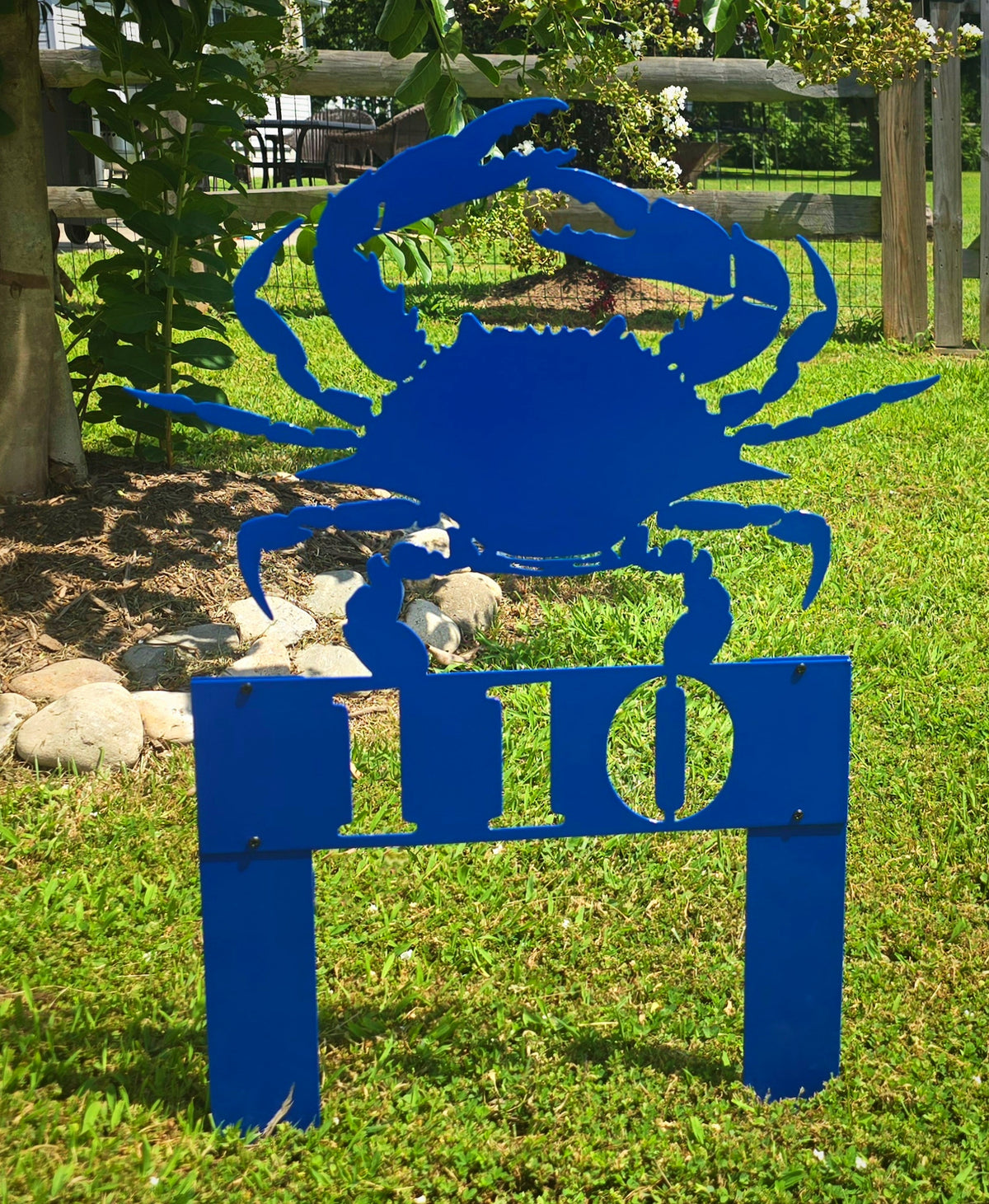 Blue crab garden stake with number by Elite Metalworking