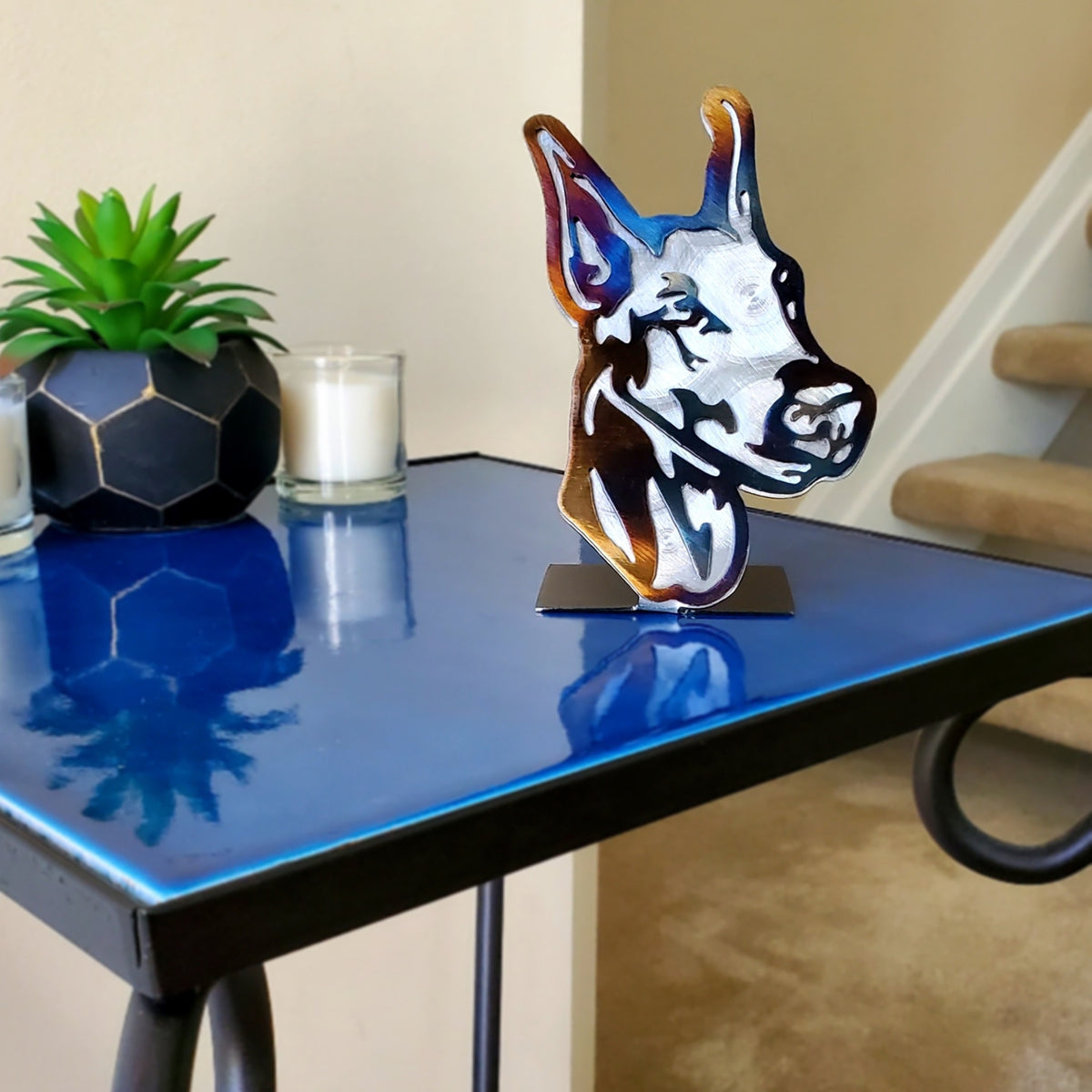Freestanding metal dog portrait displayed on a tabletop base by Elite Metalworking