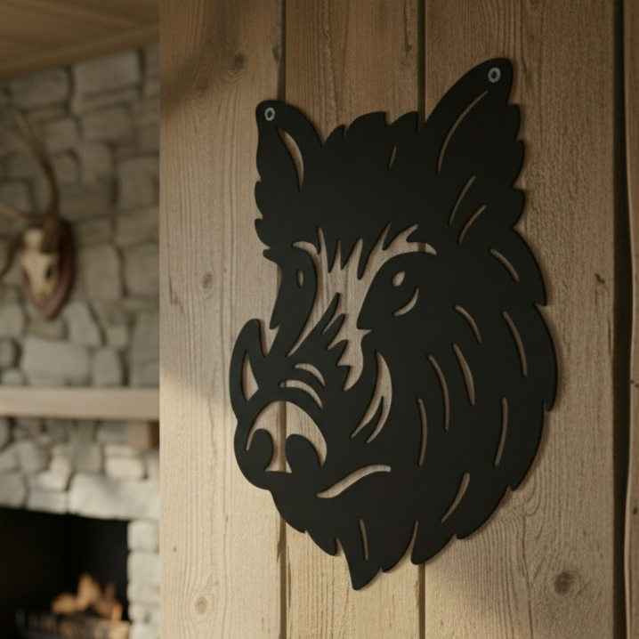 Black metal boar head wall art on a wooden background