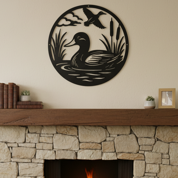 Decorative metal art with two ducks in a circular design featuring water, reeds, and a sky.