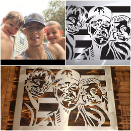 Original photograph alongside a custom cut-metal portrait by Elite Metalworking