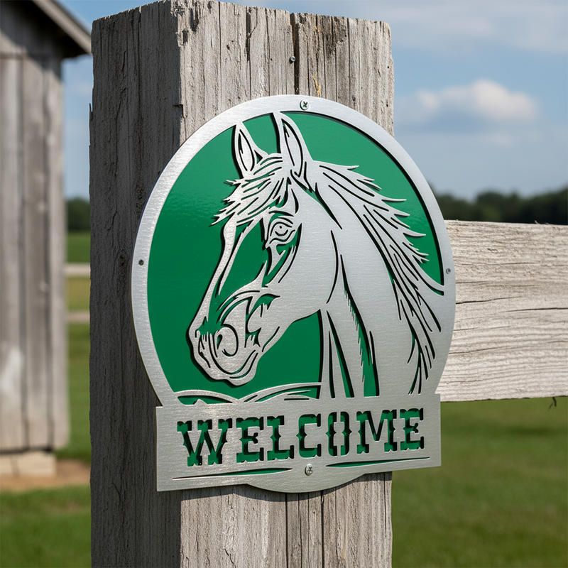 Decorative sign with a horse illustration and 'WELCOME' text on a green background