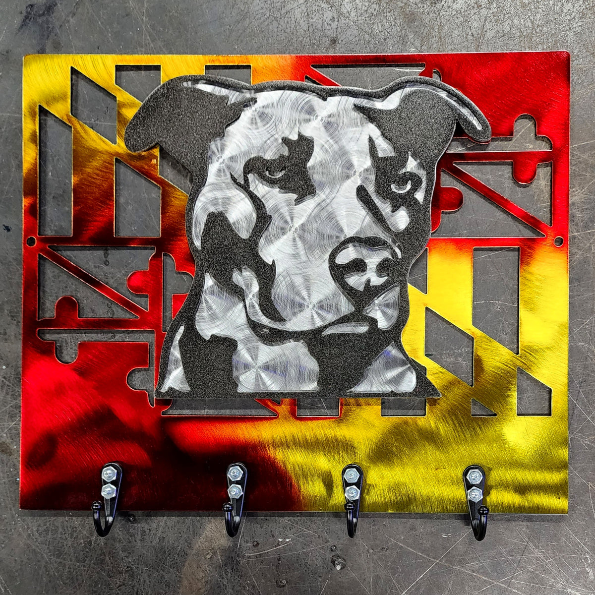 Dog portrait and Maryland flag leash hanger by Elite Metalworking