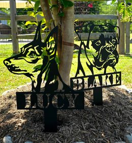 Lucy and Blake personalized dog garden stakes by Elite Metalworking