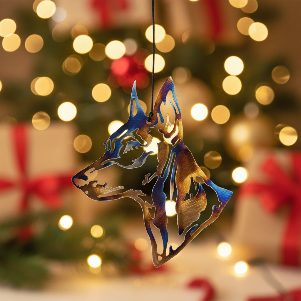 A decorative metal ornament in the shape of a miniature pinscher dog with a multicolored finish.