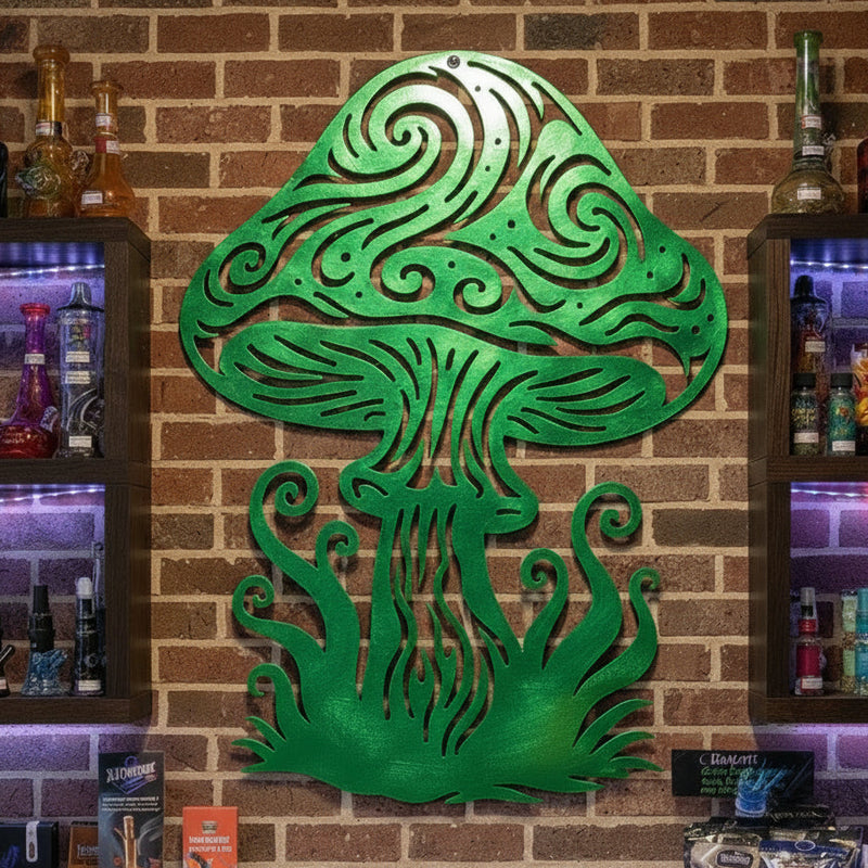 Black and white stylized mushroom design on a white background