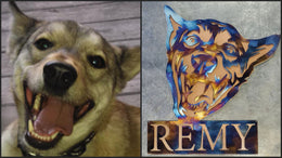 Original photograph alongside a custom cut-metal portrait by Elite Metalworking