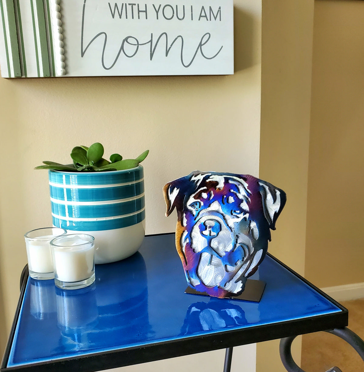 Freestanding metal dog portrait displayed on a tabletop base by Elite Metalworking