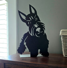 Black freestanding Scottish Terrier metal silhouette by Elite Metalworking
