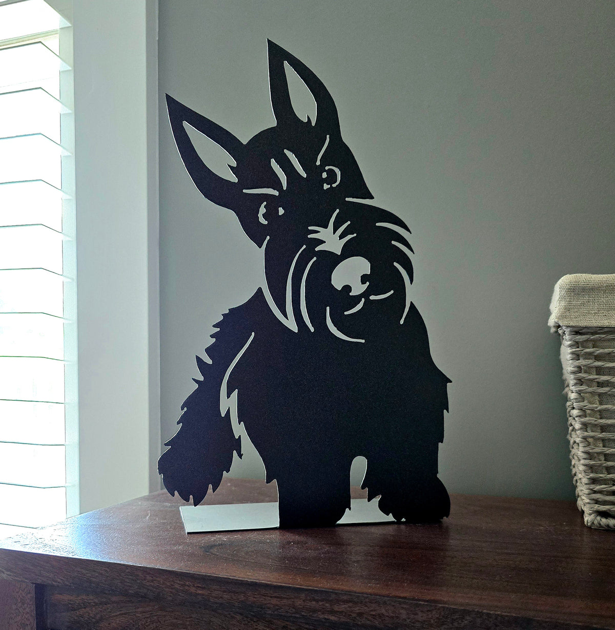 Black freestanding Scottish Terrier metal silhouette by Elite Metalworking