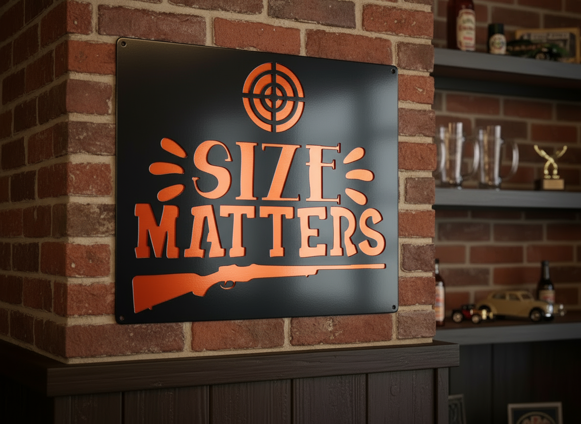 Metal sign with 'SIZE MATTERS' text and target design on a metallic background