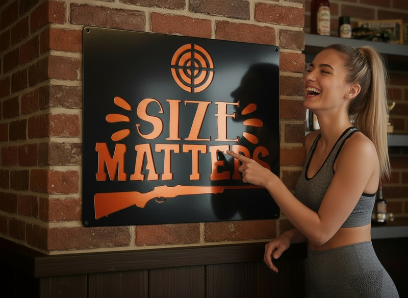 Woman pointing at a sign with 'SIZE MATTERS' text in an indoor setting.