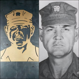 Person photograph beside metal portrait by Elite Metalworking