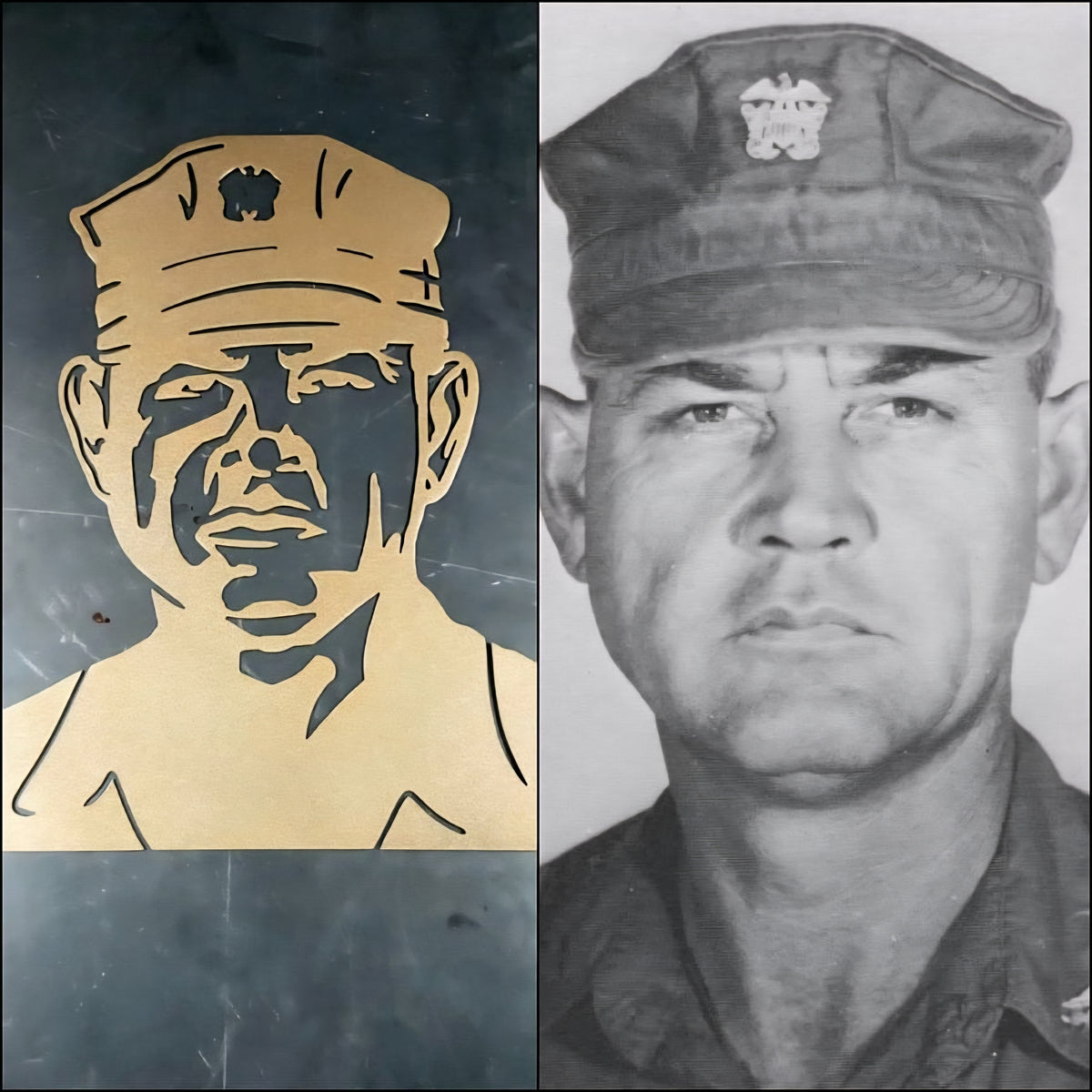 Person photograph beside metal portrait by Elite Metalworking