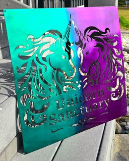 Unicorn sanctuary sign in green and purple by Elite Metalworking