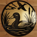 Decorative metal art piece with two ducks in a natural setting.