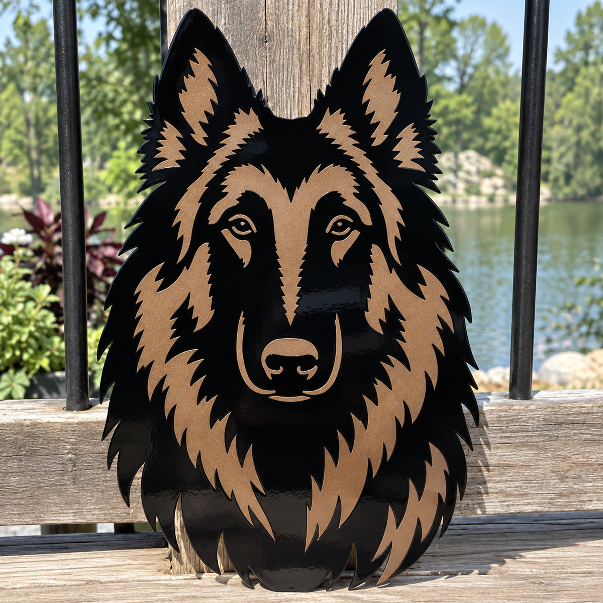 Belgian Tervuren two-layer metal wall art in Gloss Black and Bronze Metallic outdoors