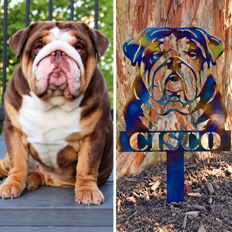 Cisco original dog photograph beside the finished personalized metal portrait garden stake by Elite Metalworking