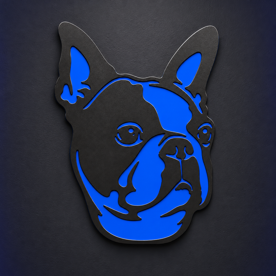 Boston Terrier two-layer metal art wall-mount reference rendering, black cut-metal face over blue backing