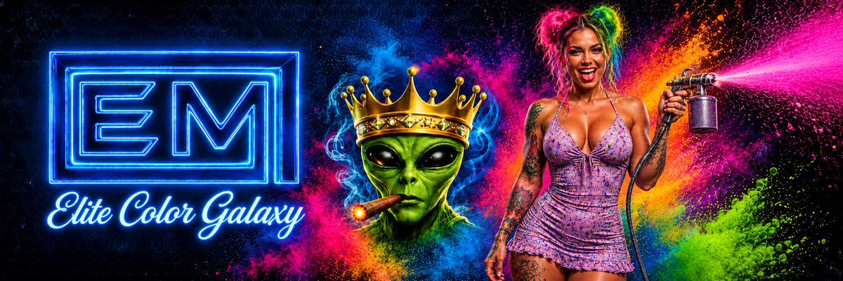 Elite Color Galaxy banner with the neon EM logo, crowned green alien, and woman spraying bright colors