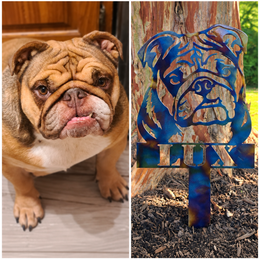 Lux original dog photograph beside the finished personalized metal portrait garden stake by Elite Metalworking