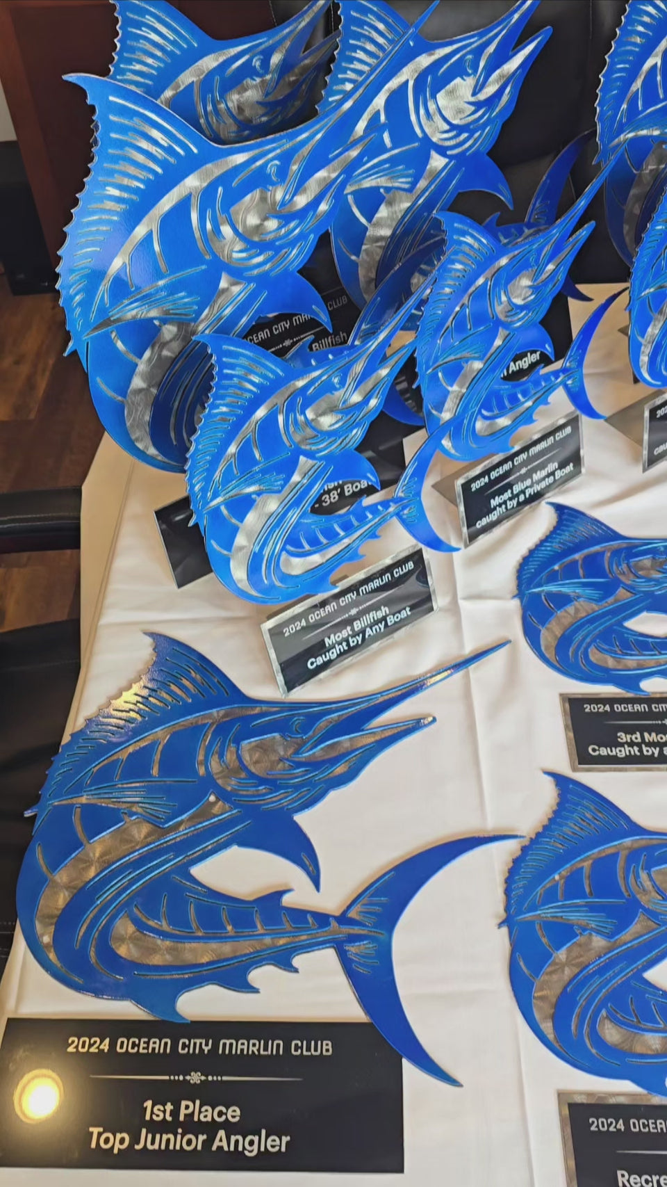 Video showing blue marlin trophy set by Elite Metalworking