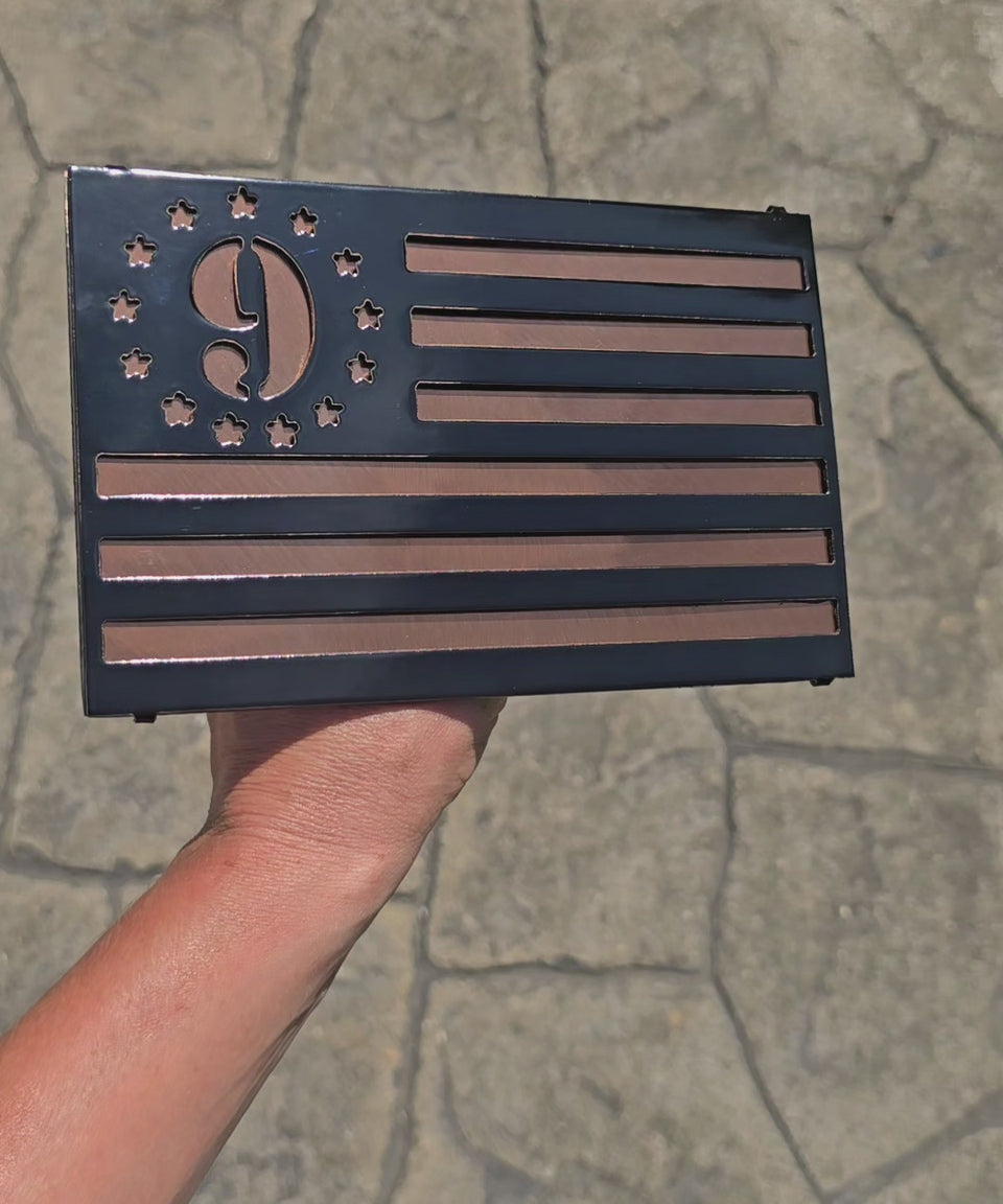 Video showing black and copper patriotic flag hitch cover by Elite Metalworking